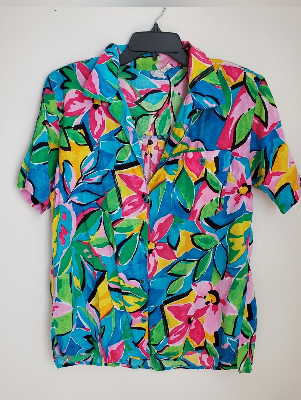 80s 90s Vintage Basic Essentials Colorful Floral Print Button Front Shirt